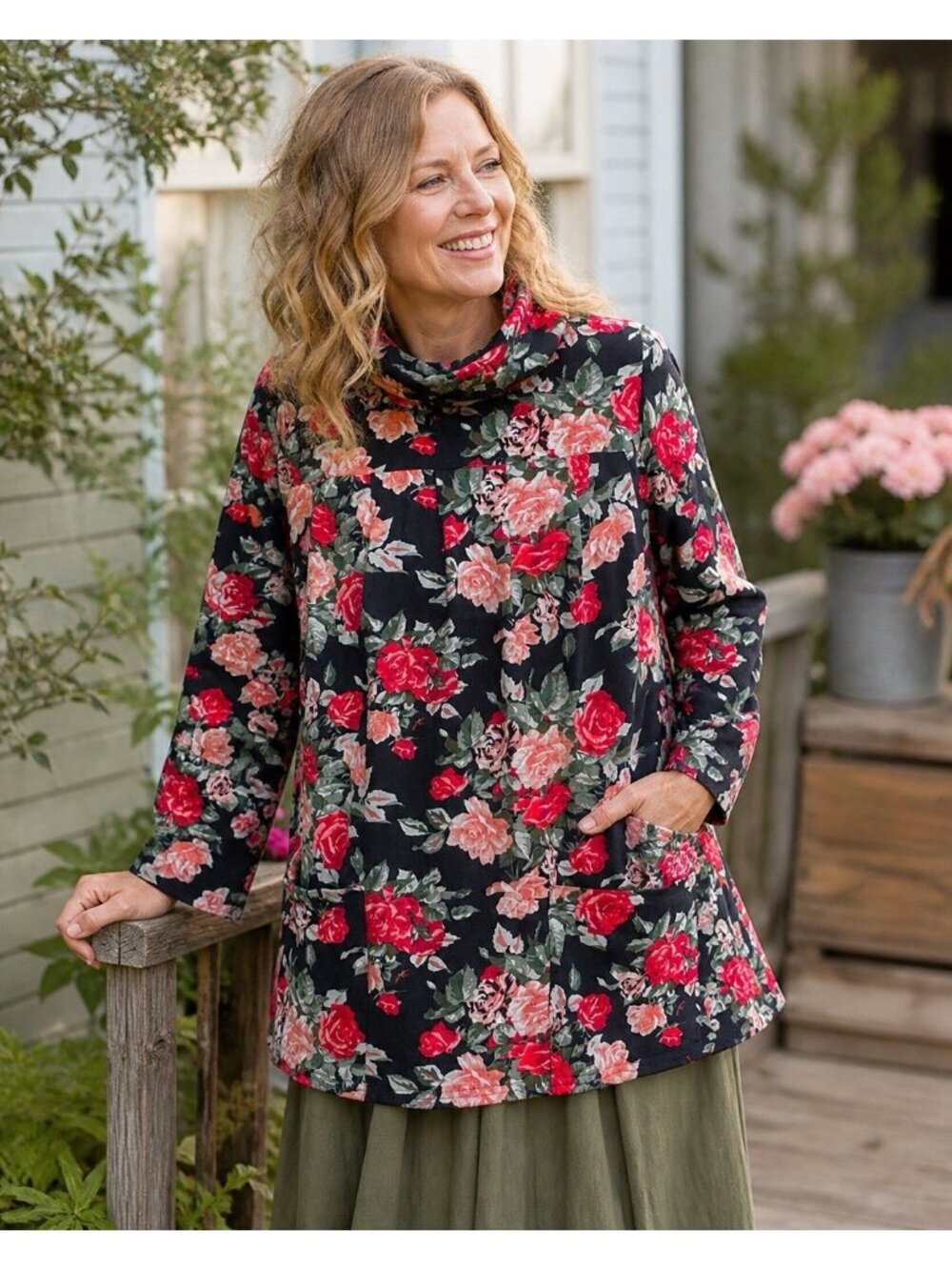 April Cornell Womens Tunic Top XS Black Floral Turtleneck Cottagecore Boho Shirt